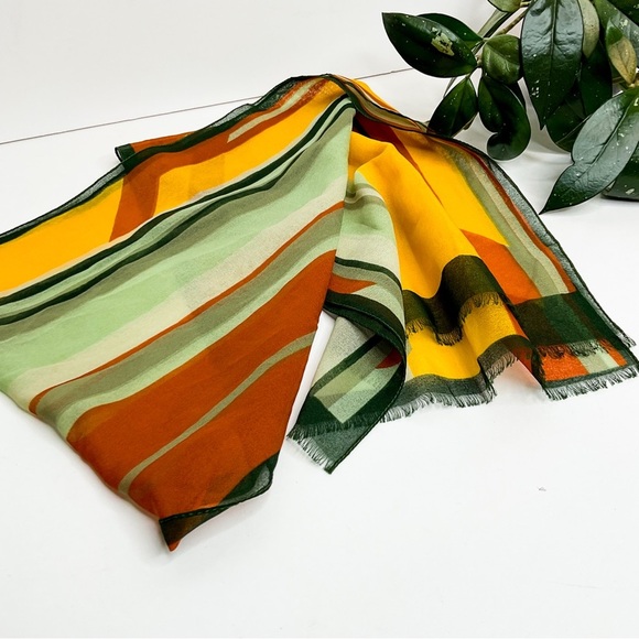 VINTAGE 1970s Striped Scarf Orange Yellow Green | Boho Polyester - Picture 3 of 5